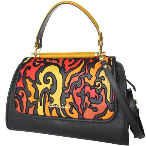 Braccialini yellow orange Arabesque patchwork designer luxury black leather bag Best Deal in New York